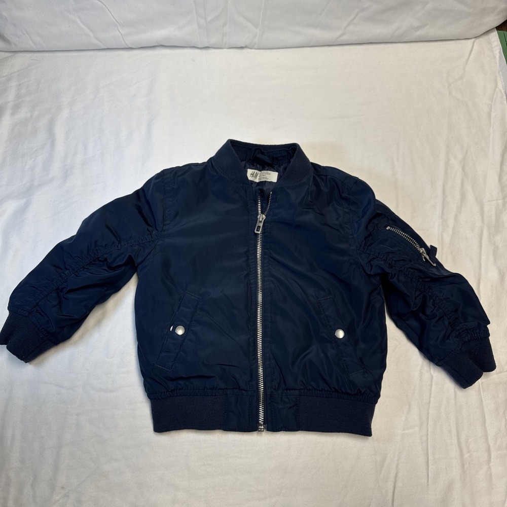 H&M Jacket Toddler Boys 1-1/2Y 2T Navy Bomber Padded Zip Snap Pocket Fall Winter
